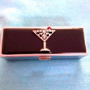 Fashionable Lipstick Case Holder with Mirror - Black Martini Faux Rhinestones